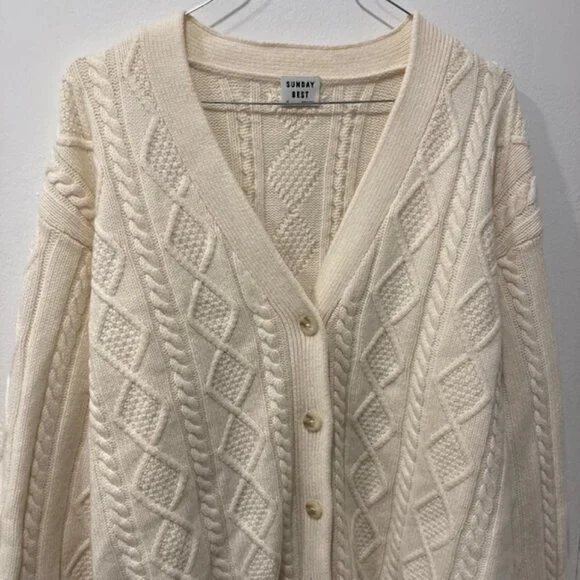 Aritzia Sunday Best Lamora Cream V-Neck Cable-Knit Cardigan - Picture 6 of 8